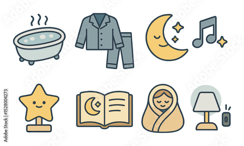 Evening rituals isometric set. warm bath, pajama set, goodnight moon, lullaby music note, nightlight star, bedtime story, cuddle blanket, lights out icon