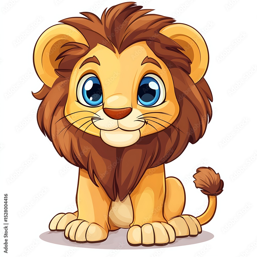Obraz premium Charming lion character with vibrant blue eyes sitting in 2D illustration