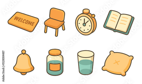 Session routines isometric set. welcome mat, waiting chair, session timer, journal, quiet bell, suggestion jar, water glass, comfort cushion