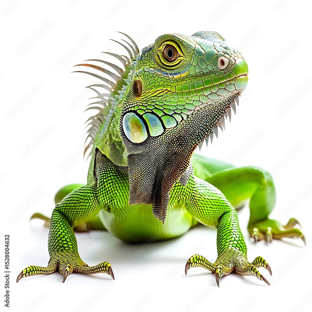 Fototapeta premium Close up of a vibrant green iguana isolated on white background