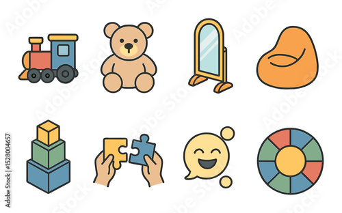 Final playtime isometric set. toy train, stuffed animal, dress-up mirror, beanbag chair, block tower, shared puzzle, giggle bubble, circle time rug