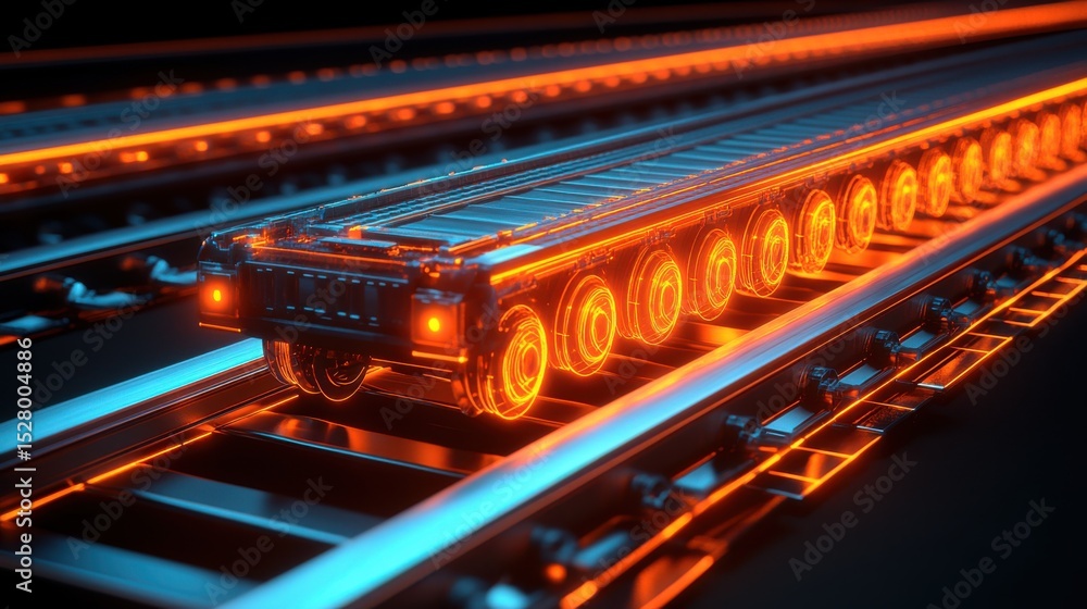 Obraz premium Futuristic autonomous cargo train moving on glowing rails