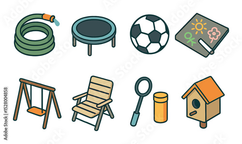 Backyard fun isometric set. garden hose, trampoline, soccer ball, chalk drawings, swing set, lawn chair, bubble wand, birdhouse