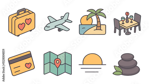 Honeymoon isometric set. suitcase with hearts, airplane, beach view, romantic dinner, hotel keycard, travel map, sunset icon, spa stones
