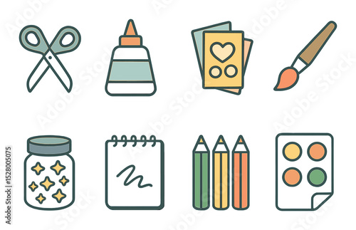 Craft time isometric set. scissors, glue bottle, paper cutouts, paintbrush, glitter jar, drawing pad, coloring pencils, sticker sheet