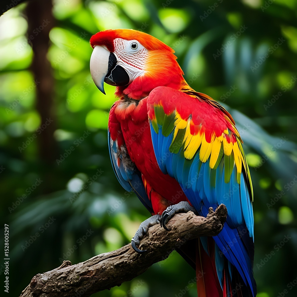 Obraz premium Colorful macaw parrot with blue, yellow, and green feathers perched on branch
