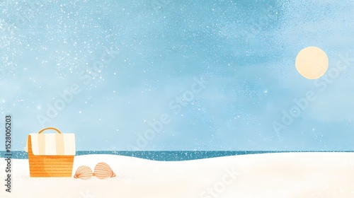 Winter beach picnic,  A whimsical illustration of a picnic basket on a snowy beach under a full moon. Perfect for winter holiday themes, travel, or relaxation.