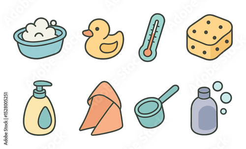 Bathtime routine isometric set. baby tub, rubber duck, bath thermometer, soft sponge, gentle shampoo, hooded towel, water scoop, bubble bottle