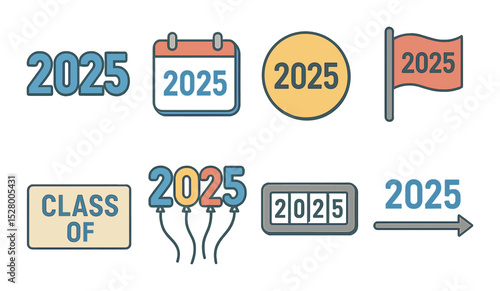 Graduation year clipart isometric set. 2025 numbers, calendar square, date circle, milestone flag, “Class of” text block, number balloons, digital counter.