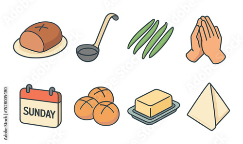 Sunday tradition isometric set. slow-cooked roast, gravy ladle, green beans, family prayer hands, calendar with “Sunday,” dinner rolls, butter dish, folded