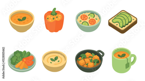 Vegetarian family dinner isometric set. lentil soup, stuffed peppers, quinoa salad, avocado toast, veggie platter, hummus bowl, tofu stir-fry, herbal tea