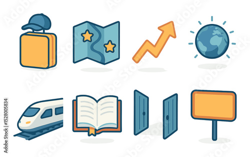 Future journey icons isometric set. suitcase with cap, roadmap with stars, rising arrow, glowing globe, train departing, new chapter book, open gate, “Next