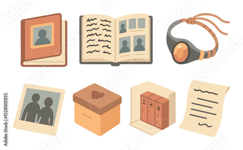 Senior memories clipart isometric set. photo album, signed yearbook, class ring, friendship bracelet, old photo, memory box, school hallway, farewell note