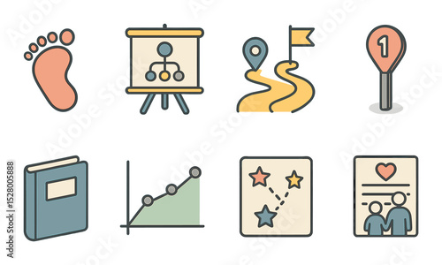 Parenting goals isometric set. baby footprint, values board, education path, milestone marker, book icon, timeline graph, star chart, family mission note