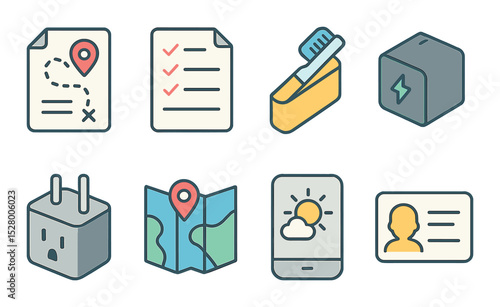 Travel checklist isometric set. travel plan, packing list, toothbrush case, camera battery, travel adapter, itinerary map, weather app, child ID card