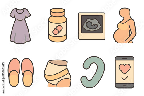 Pregnancy essentials isometric set. maternity dress, prenatal vitamins, ultrasound photo, baby bump, cozy slippers, belly support band, body pillow.