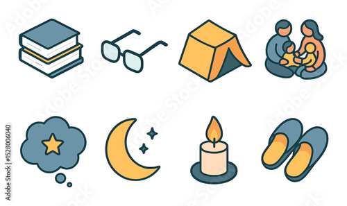 Storytime isometric set. stack of books, reading glasses, blanket fort, family circle, imagination cloud, moon icon, candlelight, bedtime slippers