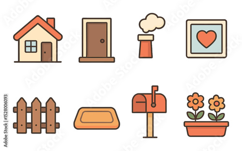 Family home isometric set. house facade, front door, chimney with smoke, heart window, garden fence, welcome mat, mailbox, flowerbed