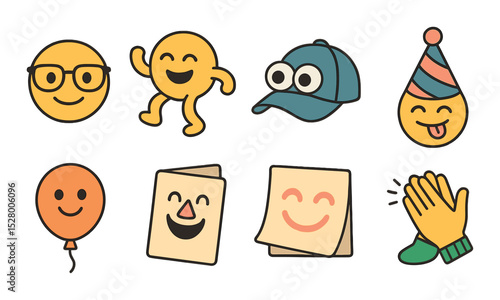 Funny congratulations isometric set. smiley with glasses, dancing emoji, cap with eyes, silly party hat, balloon face, joke card, funny note icon, clapping