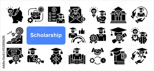 Scholarship icon collection set. Containing financial aid, tuition assistance, grant, fellowship, award, bursary, stipend icon. Simple flat vector illustration.