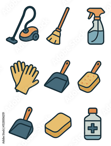 Cleaning tools isometric set. vacuum cleaner, broom, mop, spray bottle, cleaning gloves, dustpan, sponge, disinfectant