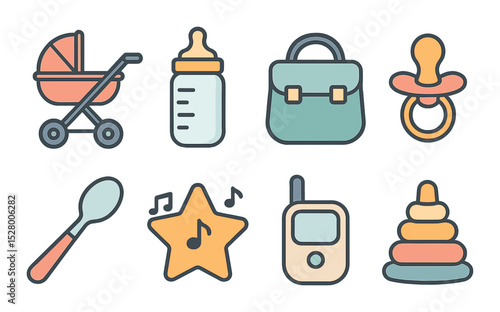Parenting life isometric set. baby stroller, baby bottle, diaper bag, pacifier, feeding spoon, lullaby star, baby monitor, toddler toy