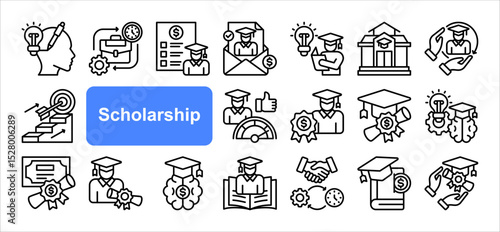 Scholarship icon collection set. Containing financial aid, tuition assistance, grant, fellowship, award, bursary, stipend icon. Simple line vector illustration.