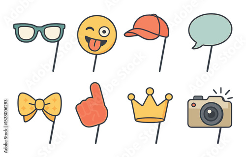 Photo booth props isometric set. oversized glasses, silly emoji, cap on stick, quote bubble, glitter bow, foam finger, party crown, camera click