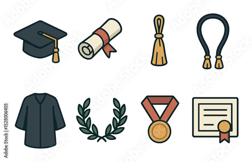 Graduation essentials clipart isometric set. graduation cap, diploma scroll, tassel, honor cord, graduation robe, laurel wreath, gold medal, academic