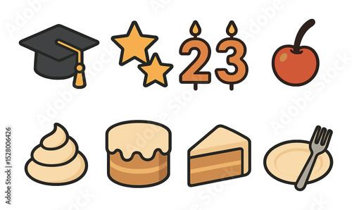 Graduation cake elements isometric set. cap toppers, icing stars, number candles, cherry decor, frosting swirls, cake shapes, serving slice icons, plate
