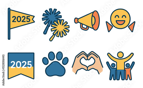 Class of 2025 school spirit isometric set. school flag, pom-poms, megaphone, cheering emoji, class colors banner, mascot paw, heart hands, group cheer