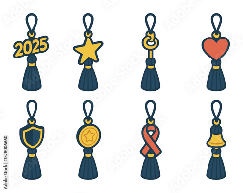 Tassel and charm combos isometric set. tassel with 2025 charm, tassel with star charm, tassel with key charm, tassel with heart charm, tassel with school