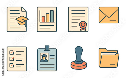 Graduation documents isometric set. transcript sheet, GPA chart, report card, school stamp, document envelope, checklist, academic ID, file folder