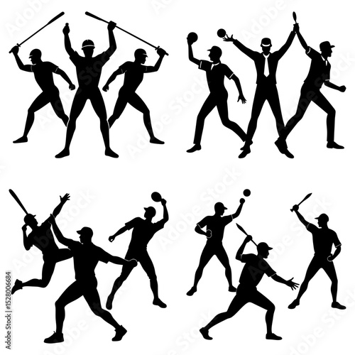 Four black cats in various poses sitting and looking forward on a white background illustration art style