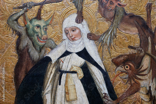 The National Museum. St Catherine of Siena tormented by demons. 1500 wood panel.  Warsaw. Poland.