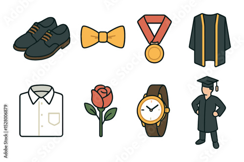 Graduation outfit details isometric set. polished shoes, bowtie, medal, gown sash, ironed shirt, corsage, wristwatch, proud stance