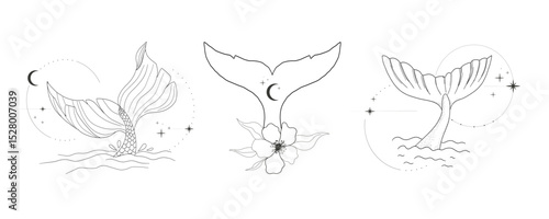 Whale tail with water splash circles stars and moon line sketch minimal geometric tattoo set. Mermaid or ocean mammal with waves vintage.