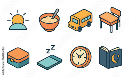 Daily routine isometric set. wake-up sun, breakfast bowl, school bus, classroom desk, lunchbox, nap time mat, playtime clock, bedtime story