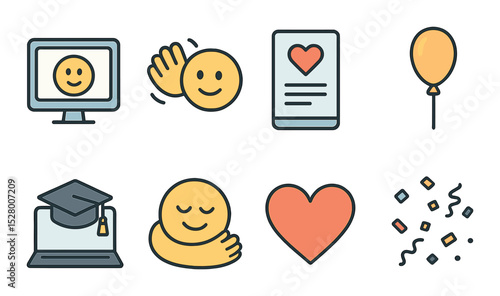 Virtual congratulations isometric set. video call icon, waving emoji, digital greeting card, online party balloon, laptop with cap, virtual hug, emoji