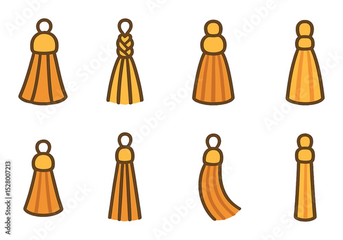 Tassel types and textures isometric set. smooth tassel, braided tassel, chunky thread tassel, silky tassel, short tassel, long tassel, curved tassel.