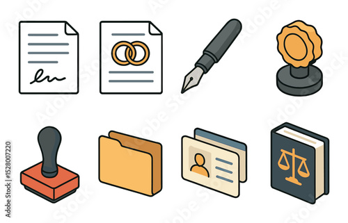 Legal marriage isometric set. signed contract, wedding license, ink pen, official seal, government stamp, legal document folder, ID cards, law book
