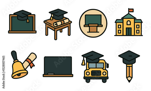 School-themed grad logos isometric set. blackboard icon with cap, desk and scroll combo, classroom badge, building silhouette with banner, school bell and