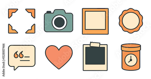 Memory keepsake trim isometric set. photo corners, camera icons, framed edges, sticker badges, quote tags, scrapbook hearts, taped polaroids, time capsule
