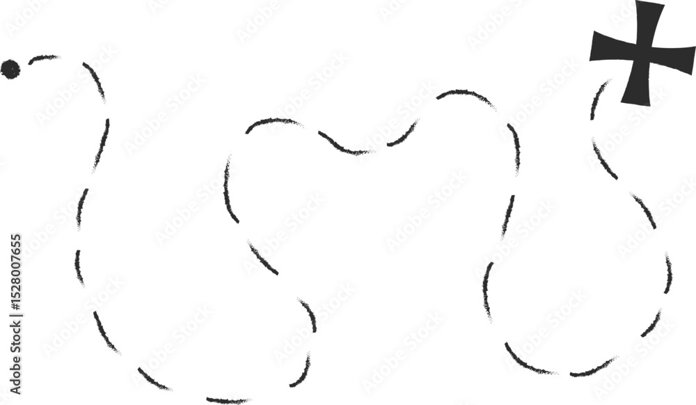 Obraz premium Treasure map element. A dashed line and red X mark ink on the map, the treasure map with a dotted line, an X marks the spot, and the dashed line to a black X 
