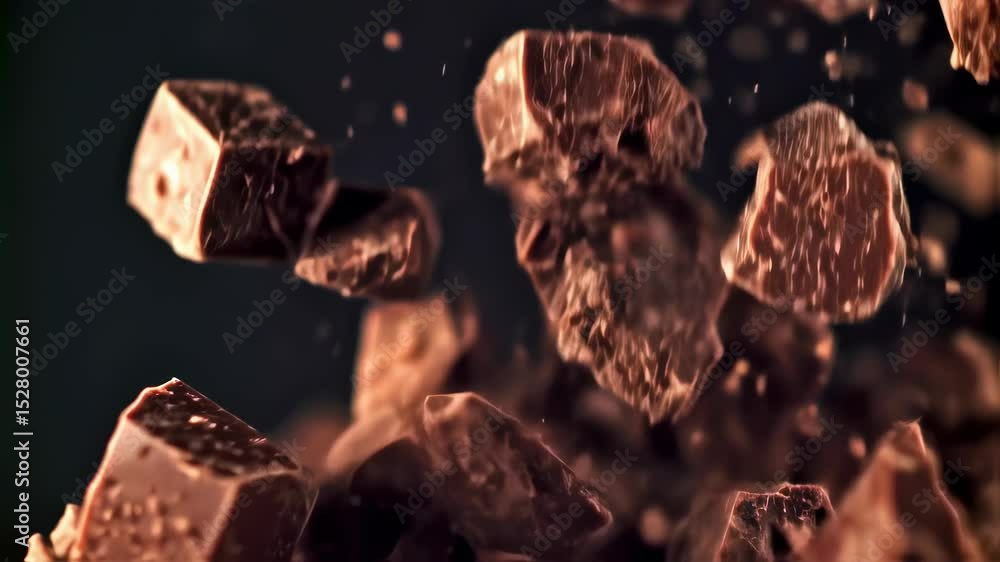 Floating Chocolate Cubes in Dark Background with Motion Blur Effects Floating Chocolate Cubes in Dark Background with Motion Blur Effects