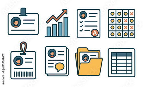 Student record documents isometric set. ID card, progress tracker, grade log, attendance chart, barcode tag, counselor note, academic folder, schedule