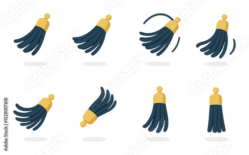 Tassel movement moments isometric set. tassel swinging left, tassel swinging right, tassel mid-air toss, tassel during turn, tassel flowing in breeze.
