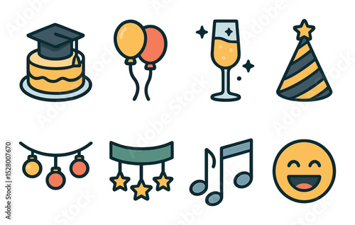 Graduation party icons isometric set. cake with cap, balloons, sparkly drink, party hat, light garland, banner with stars, music notes, laughing emoji