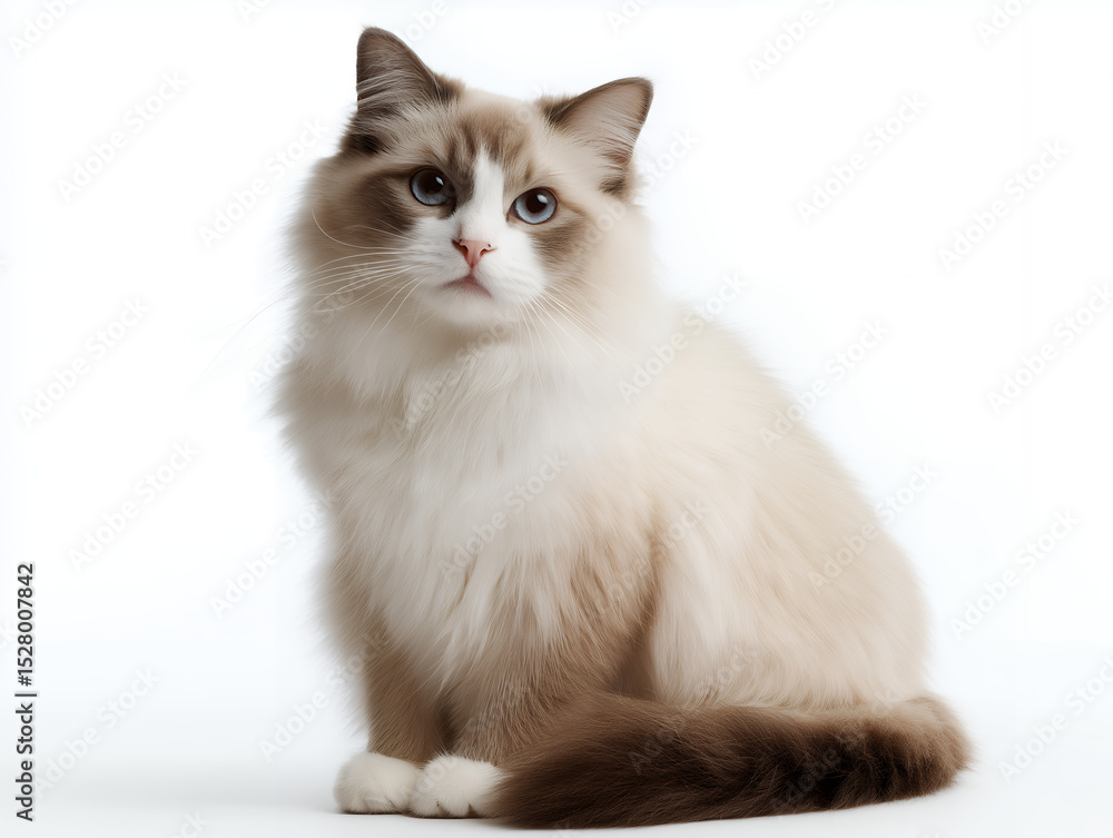 Fototapeta premium Fluffy Ragdoll Cat Sitting On White Background