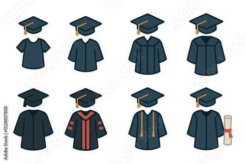 Caps and gowns by education level isometric set. kindergarten cap and gown, elementary style, high school version, college attire, master’s robe, doctoral